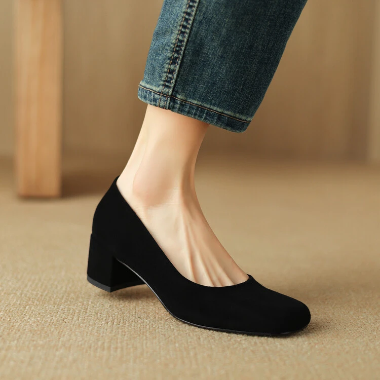 5cm法式小众气质百搭粗跟单鞋春秋浅口方头中跟鞋软底黑色单鞋