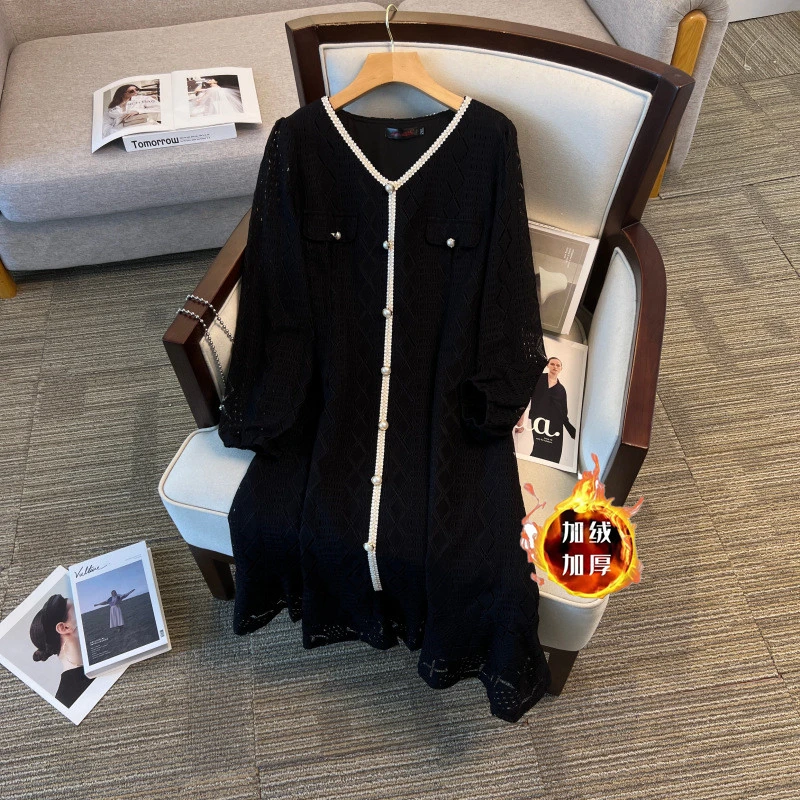 1055#韩版加绒大码胖MM连衣裙洋气V领中长减龄小香风女裙