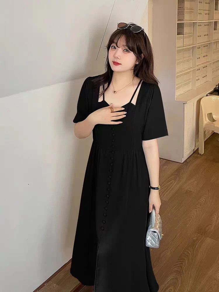 0521#特大码夏季设计感小心机气质连衣裙女胖MM减龄a字裙胖人裙子