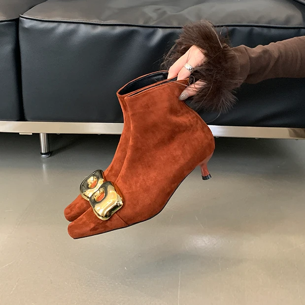 法式弹力瘦瘦靴高跟小方头金属扣短靴女韩版后拉链细跟时装短筒靴