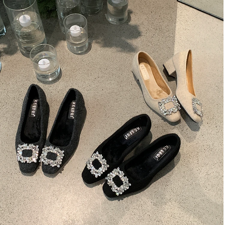 气质配裙子女2025冬季法式小香风优雅水钻呢子方头浅口加绒晚晚鞋