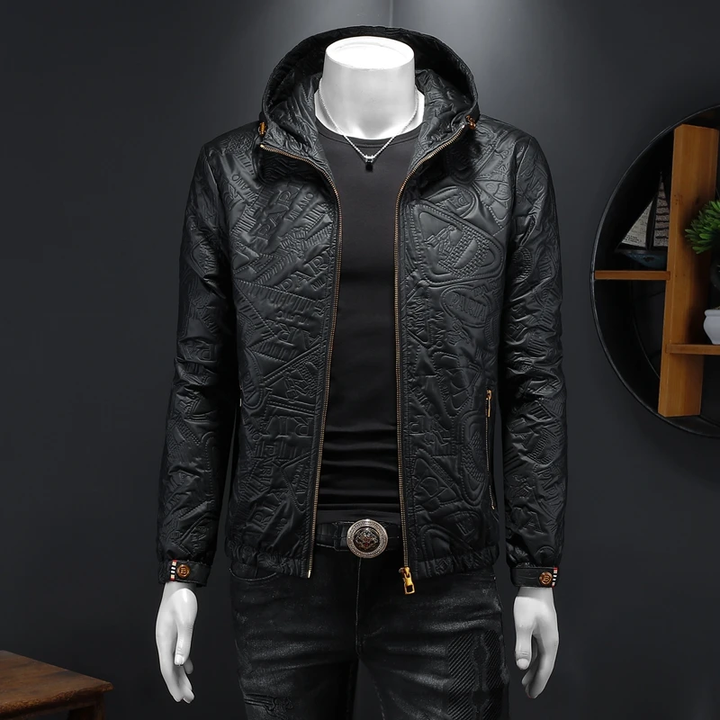 【BITCED】高品质男装秋冬新款男连帽加棉压花质感痞帅皮衣外套百搭