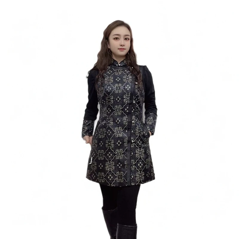 艾吉玛民族风改良版女装优雅印花无袖时尚立领提花长款马甲