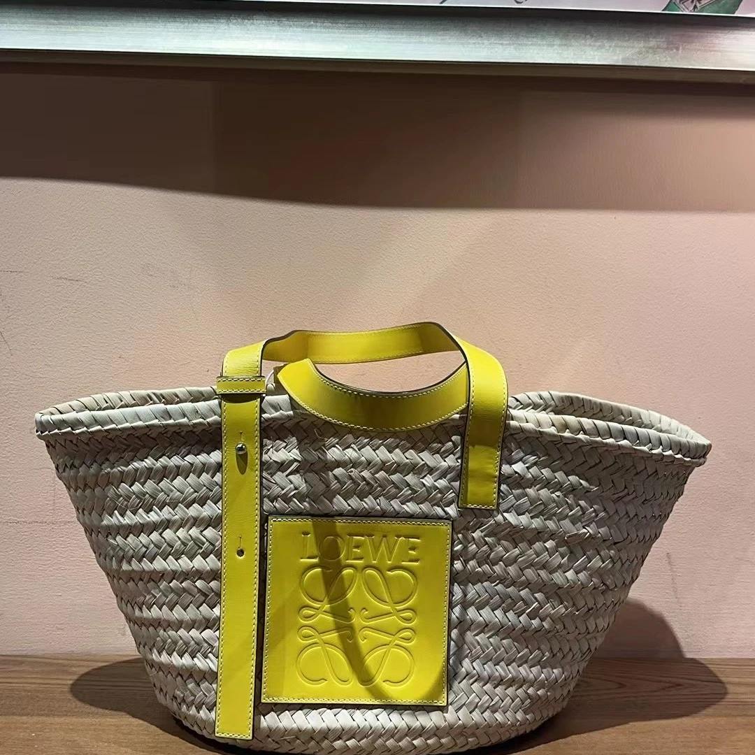 95新 LOEWE/罗意威  黄色草编拼皮菜篮子/H0007059