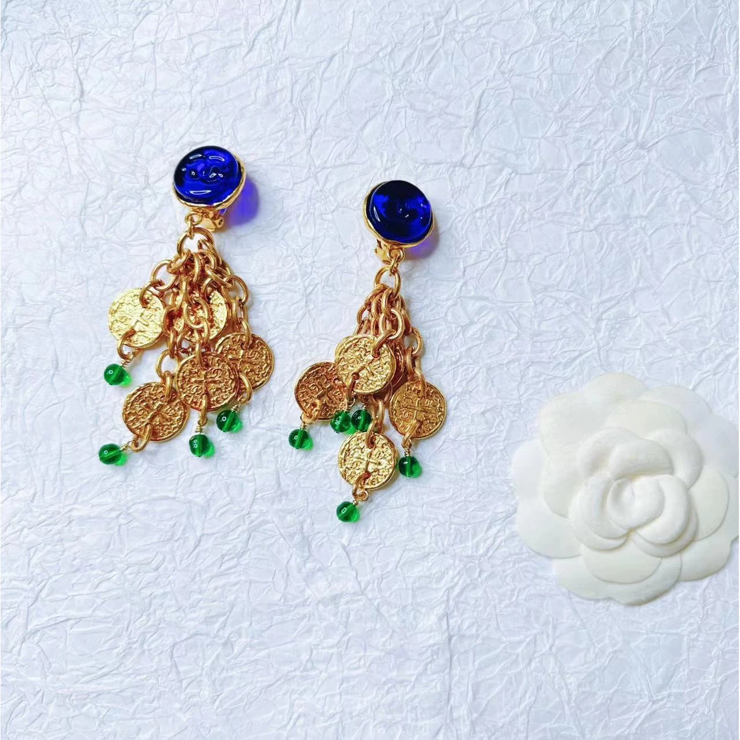 95新 Chanel/香奈儿 柚礼中古/香蓝琉璃印章金币流苏耳夹LZ408300