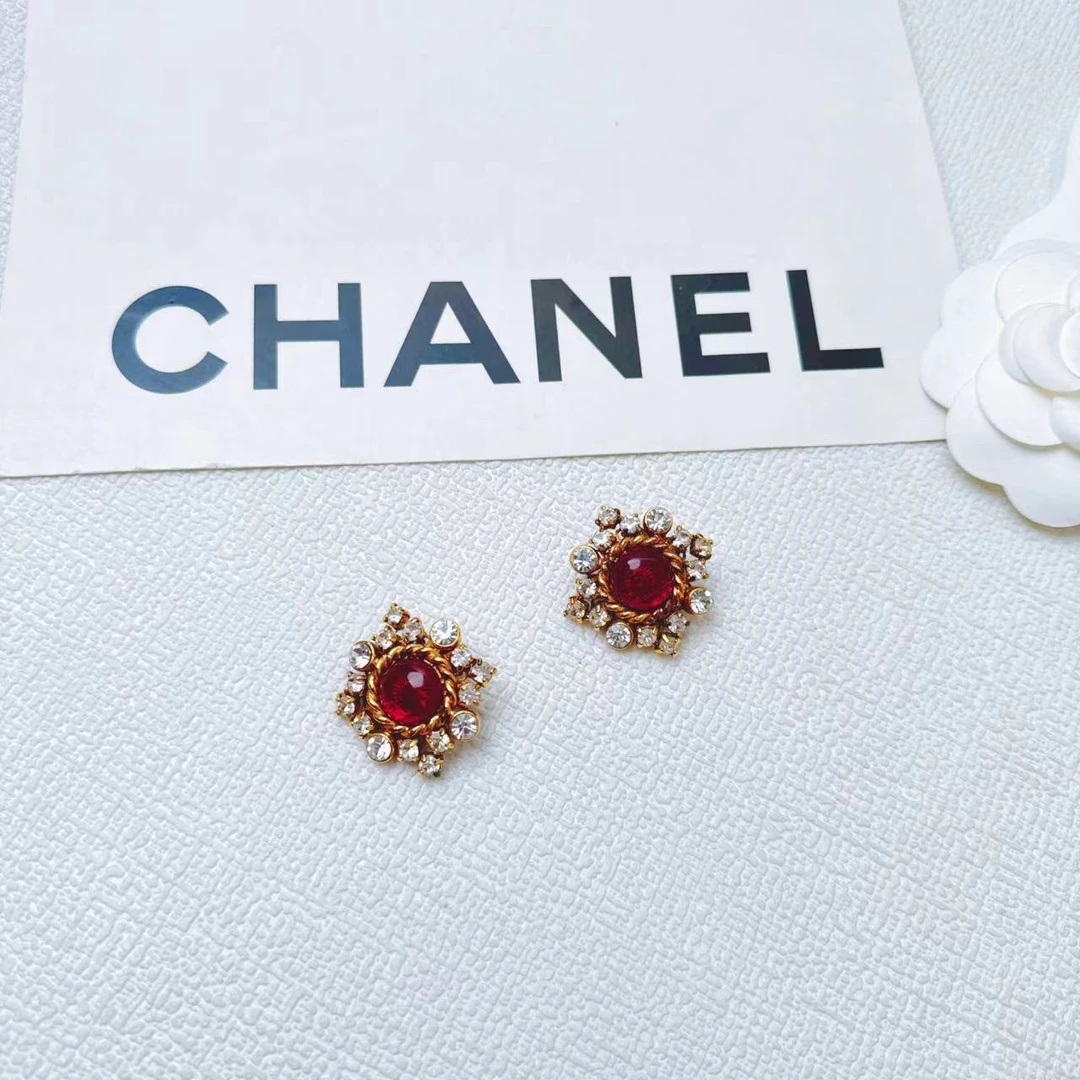 95新 Chanel/香奈儿 柚礼中古/香奈儿红琉璃莱茵石耳夹cp408013