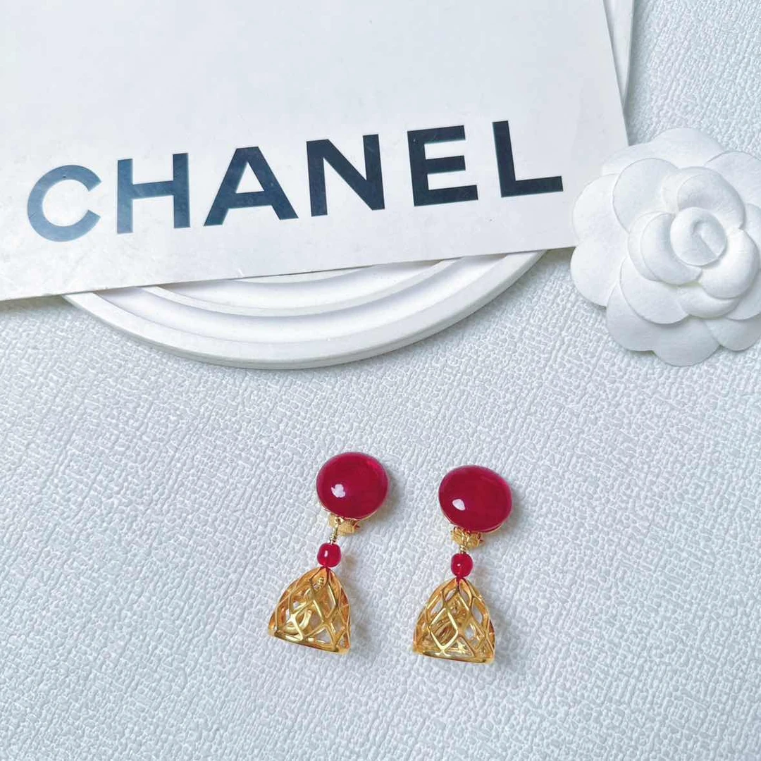 95新 Chanel/香奈儿 柚礼中古/香奈儿红琉璃小鸟笼耳夹CQ502018