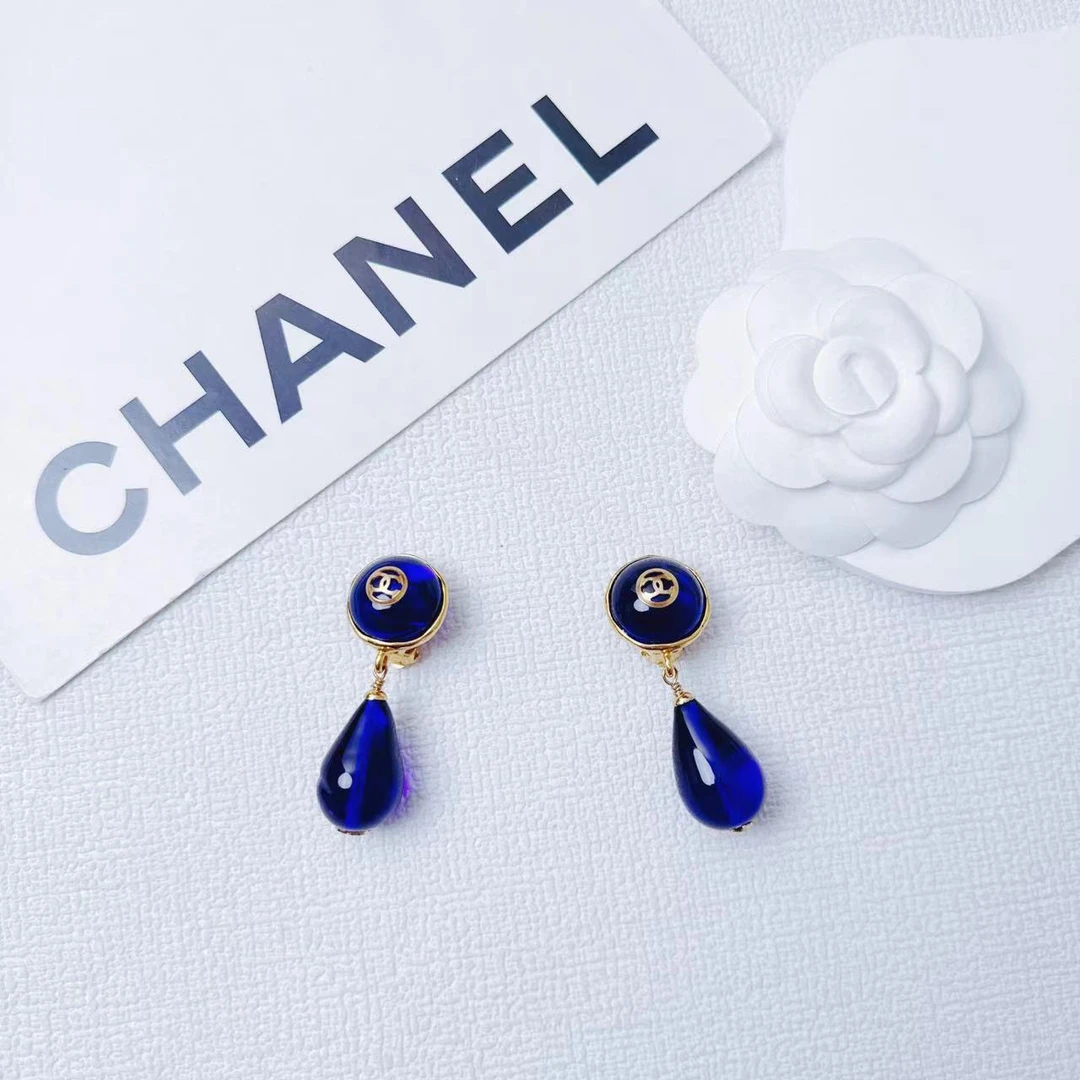 95新 Chanel/香奈儿 柚礼中古/香奈儿蓝琉璃吊坠耳夹XP