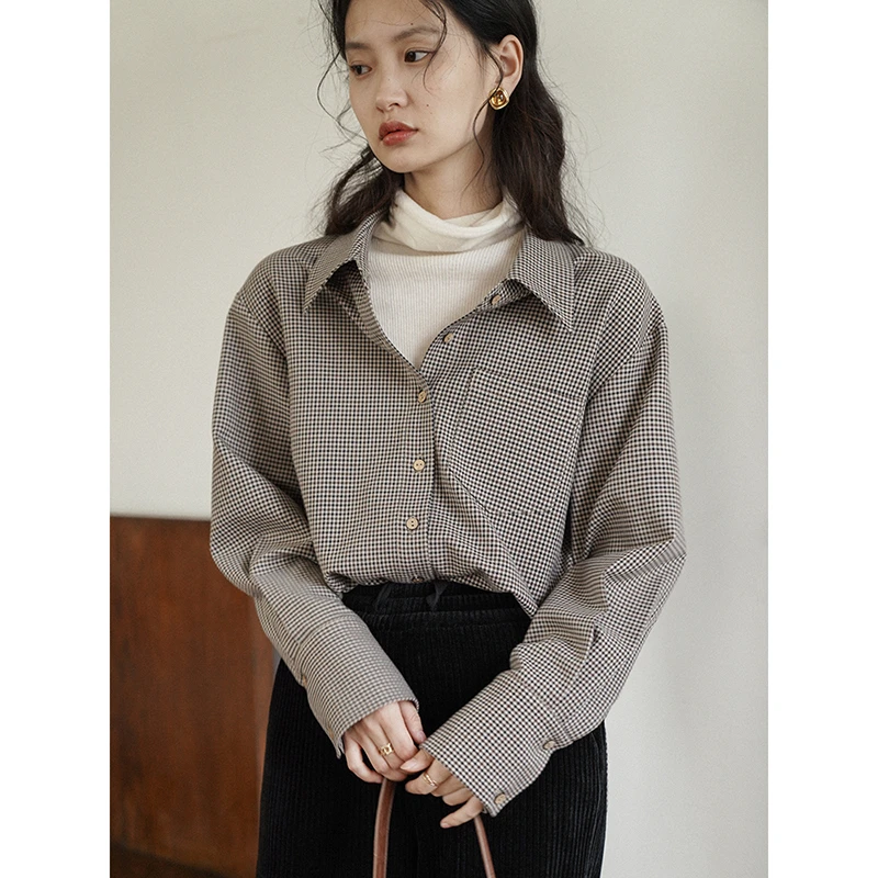 popchrio◆格子叠穿衬衫别致法式复古气质内搭长袖衬衣港味上衣女