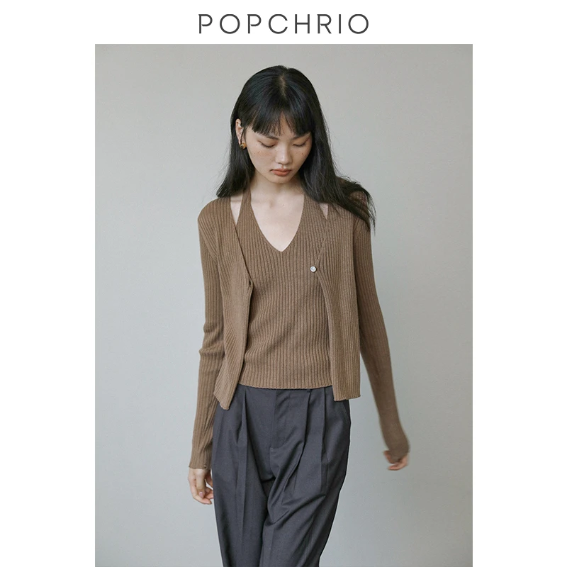 POPCHRIO欧可芮◆羊毛混纺假两件吊带式针织小开衫廓形长袖上衣女
