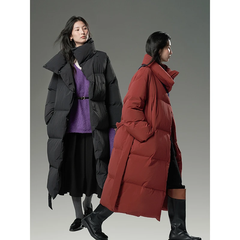 popchrio◆加厚260+充绒90鸭绒立领中长款保暖羽绒服红黑色外套女