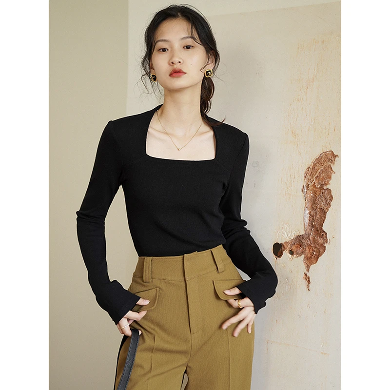 POPCHRIO欧可芮◆法式方领挂肩露锁骨针织黑色长袖T恤打底衫女春