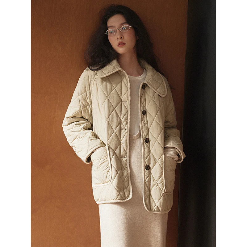 popchrio◆复古翻领保暖菱格夹棉棉服小个子棉衣棉袄短外套女冬季