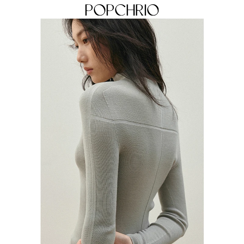 POPCHRIO欧可芮◆可机洗无缝100支及细加厚羊毛高领针织打底衫女