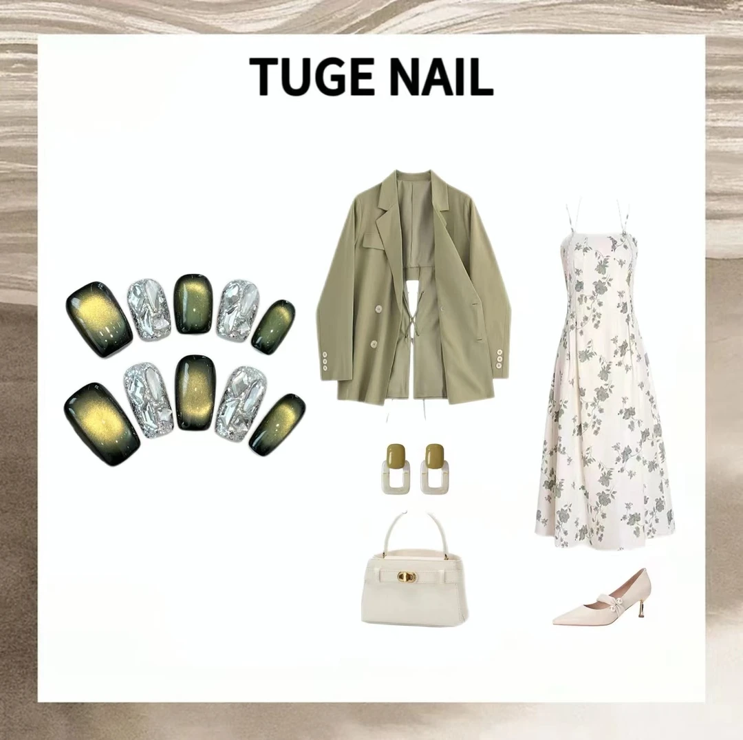 TugeNail“绿松石”秋冬猫眼带钻韩系极简复古设计师穿戴甲1101
