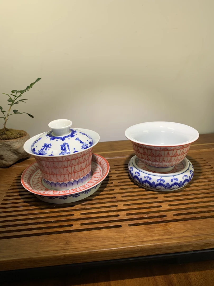 景德镇青花瓷釉里红千佛盖碗主人杯千佛杯青花釉里红主人杯