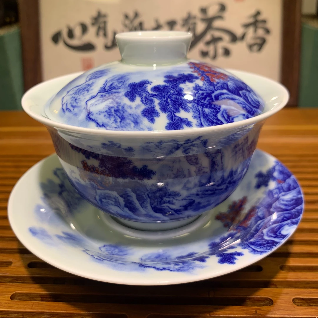 景德镇青花喜上眉梢压手杯盖碗仿永乐青花压手杯高档釉下彩茶杯