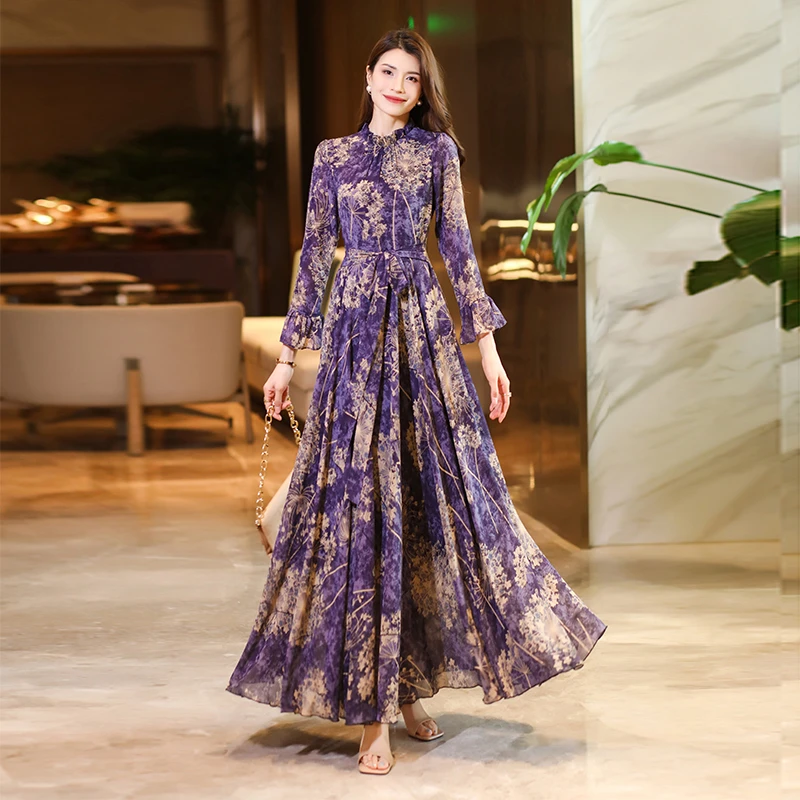 长袖连衣裙女2024新款高级感时尚雪纺印花修身显瘦大摆长裙到脚踝