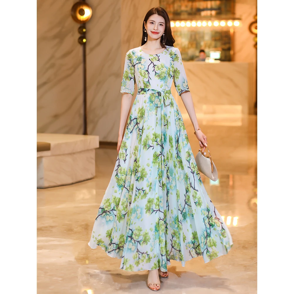 2024新款雪纺印花长款连衣裙过膝大摆长裙海边沙滩裙显瘦到脚踝女