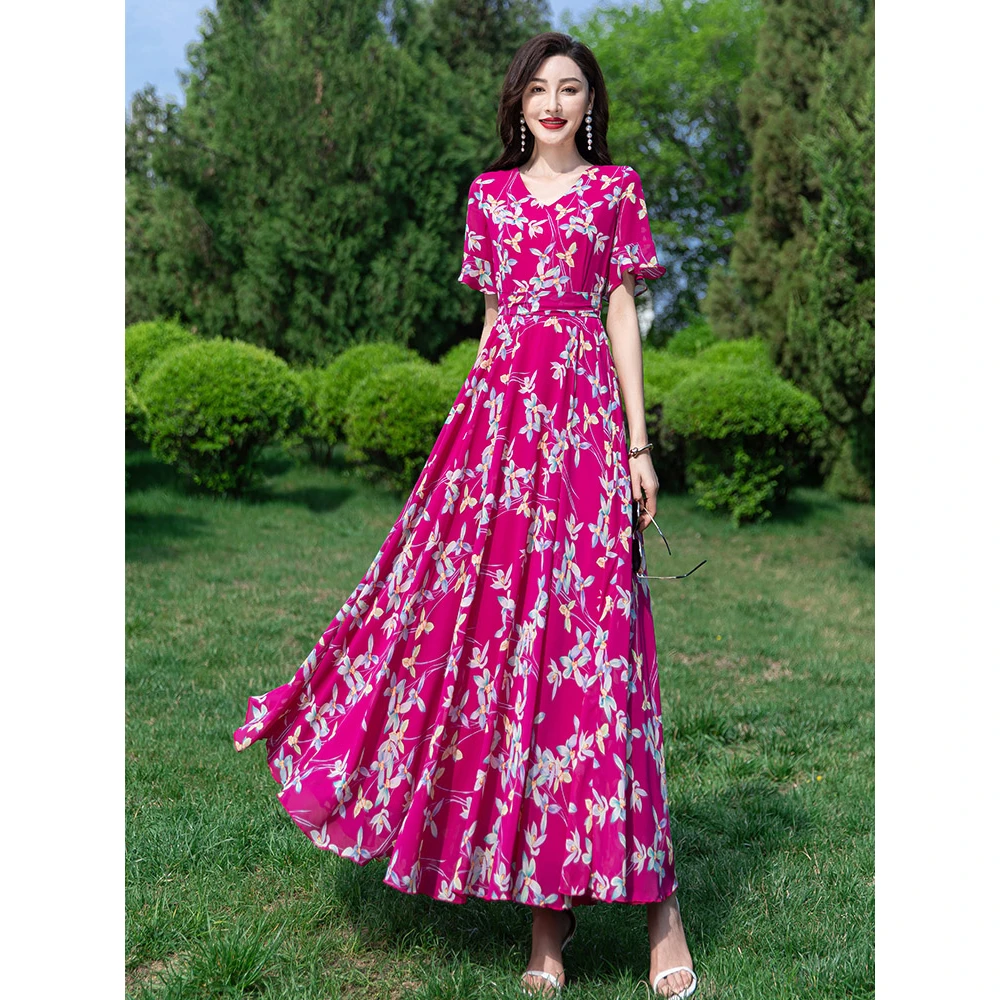 玫红色碎花连衣裙2024长款大摆雪纺裙到脚裸海边沙滩显瘦长裙女夏