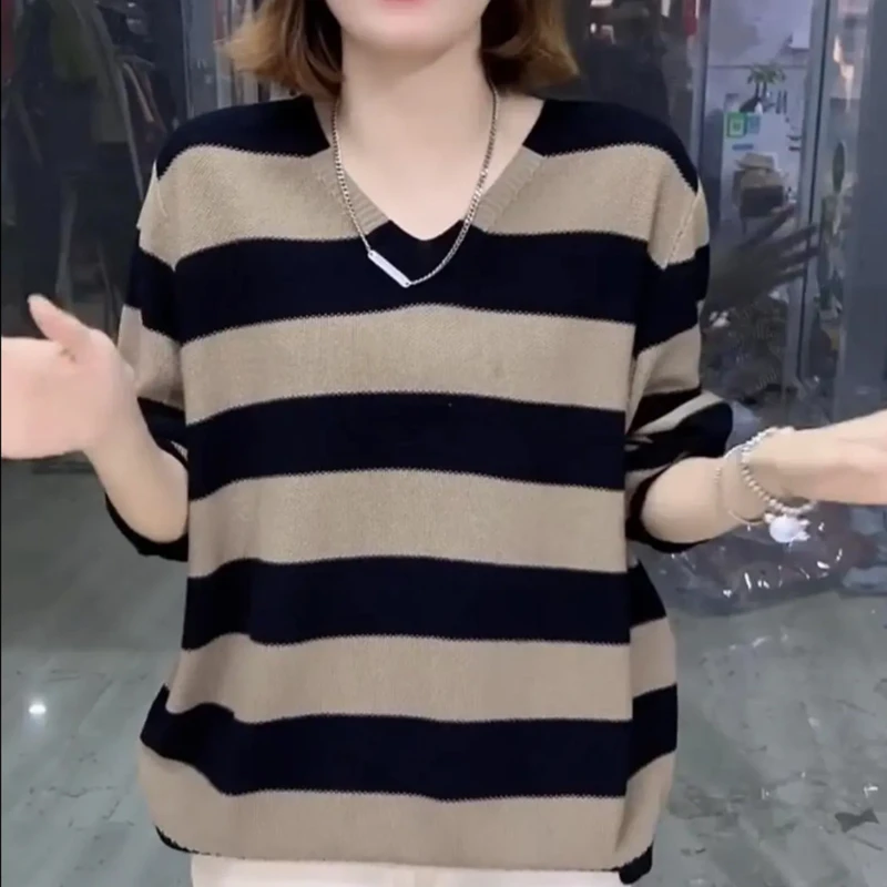 毛衣女士装2024新款潮早春秋季宽松条纹针织打底衫洋气上衣服外穿