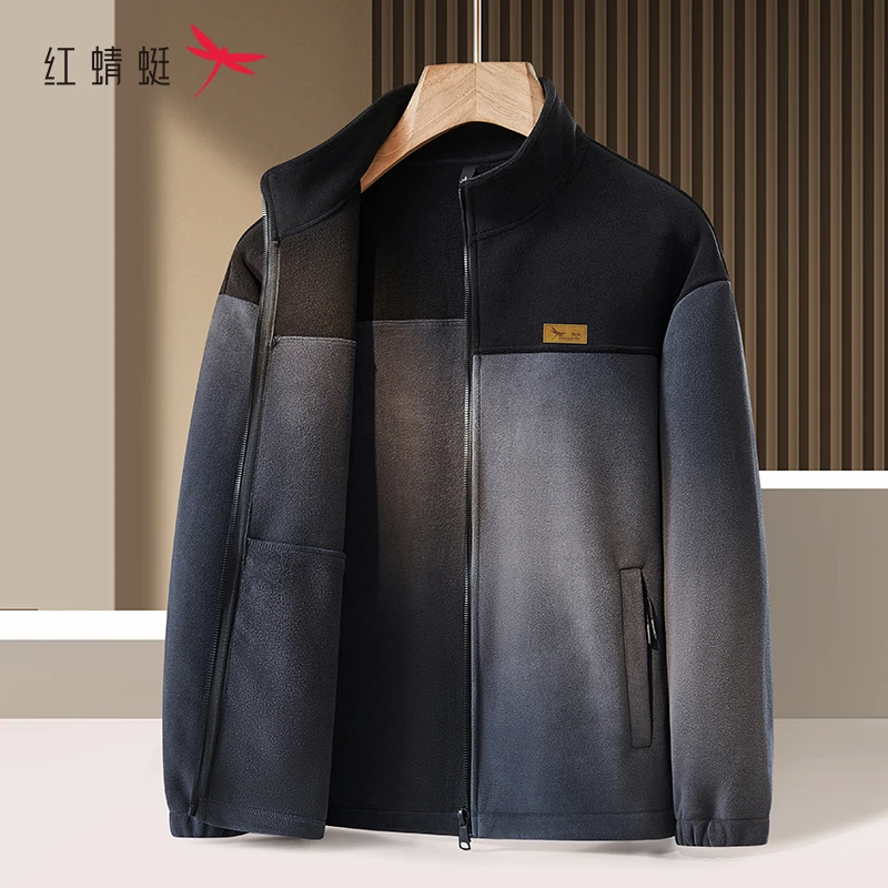 加绒外套男2024新款秋冬加绒加厚黑色奥粒绒立领中老年抓绒衣