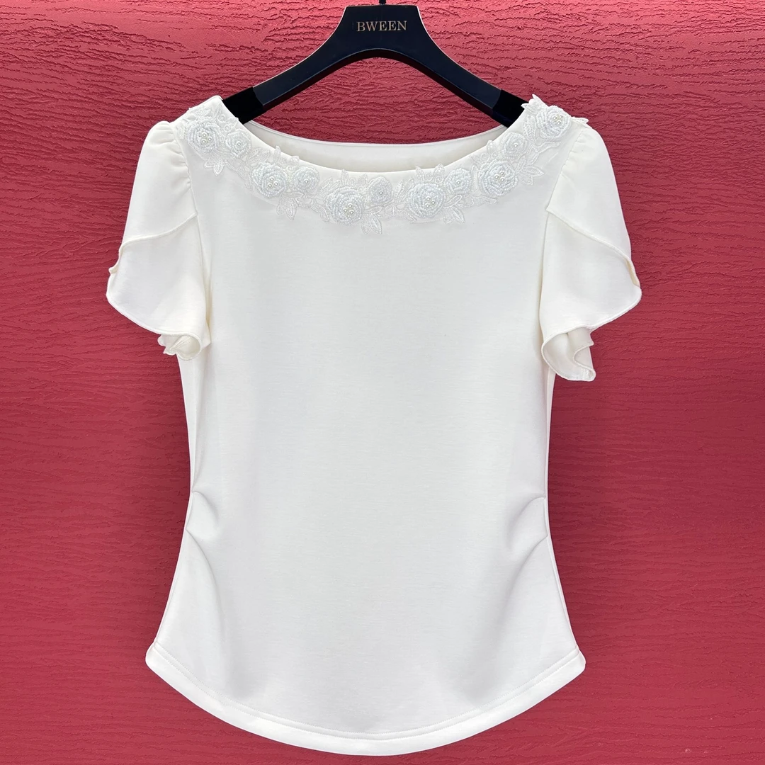 夏季新款立体绣花串珠气质一字领上衣设计感飞边袖修身显瘦短袖女