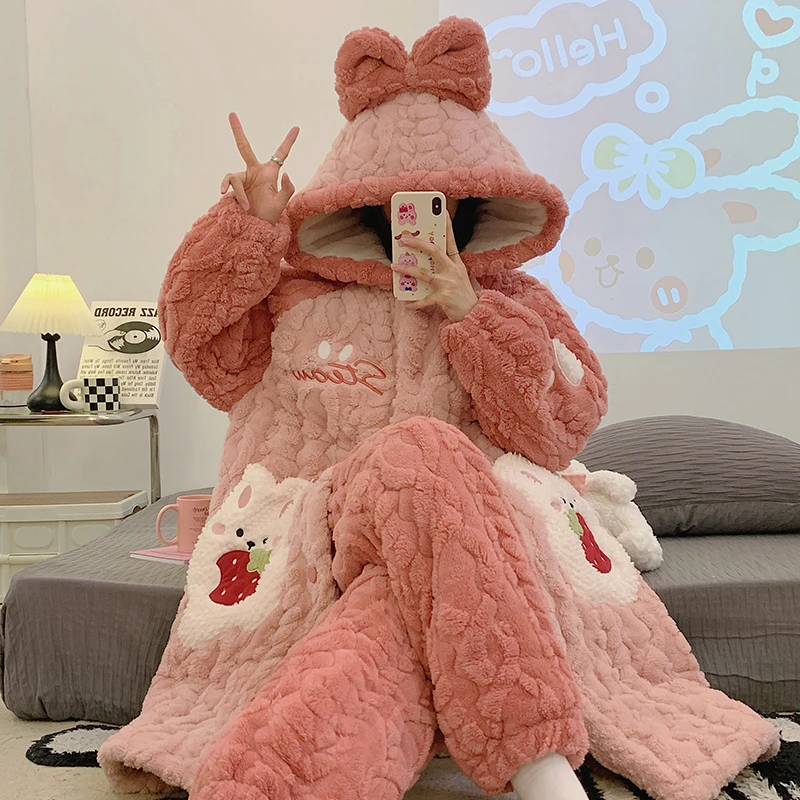 运补『有钱兔』省服夹棉女款冬季睡袍睡衣冬天加绒加厚保暖家居服