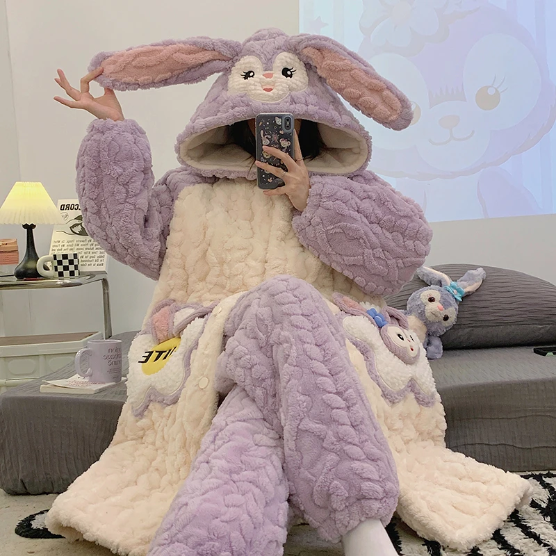 运补『星黛兔』省服夹棉冬季睡袍睡衣珊瑚绒少女保暖女款加绒家居服