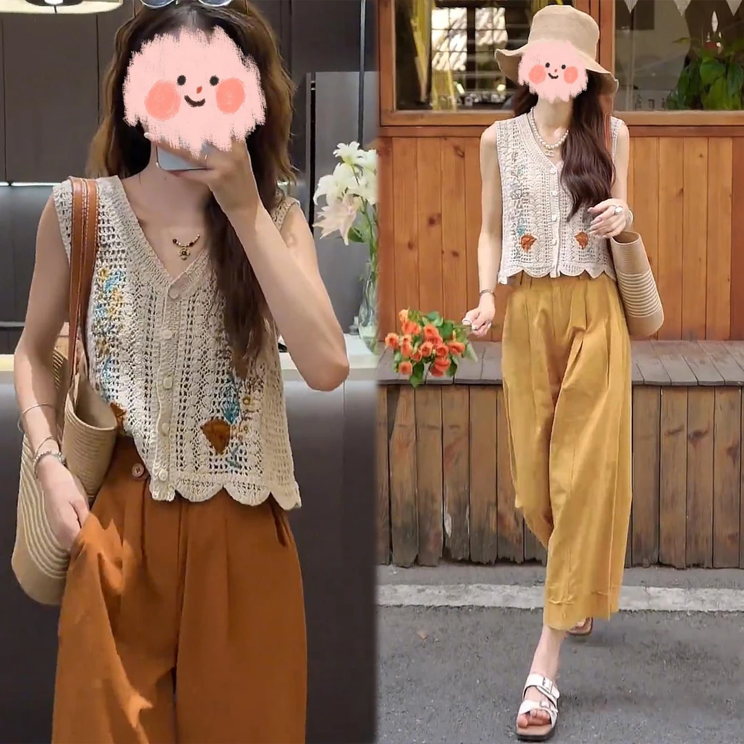 2025夏季新款时尚百搭刺绣修身无袖背心上衣高腰阔腿裤休闲九分裤