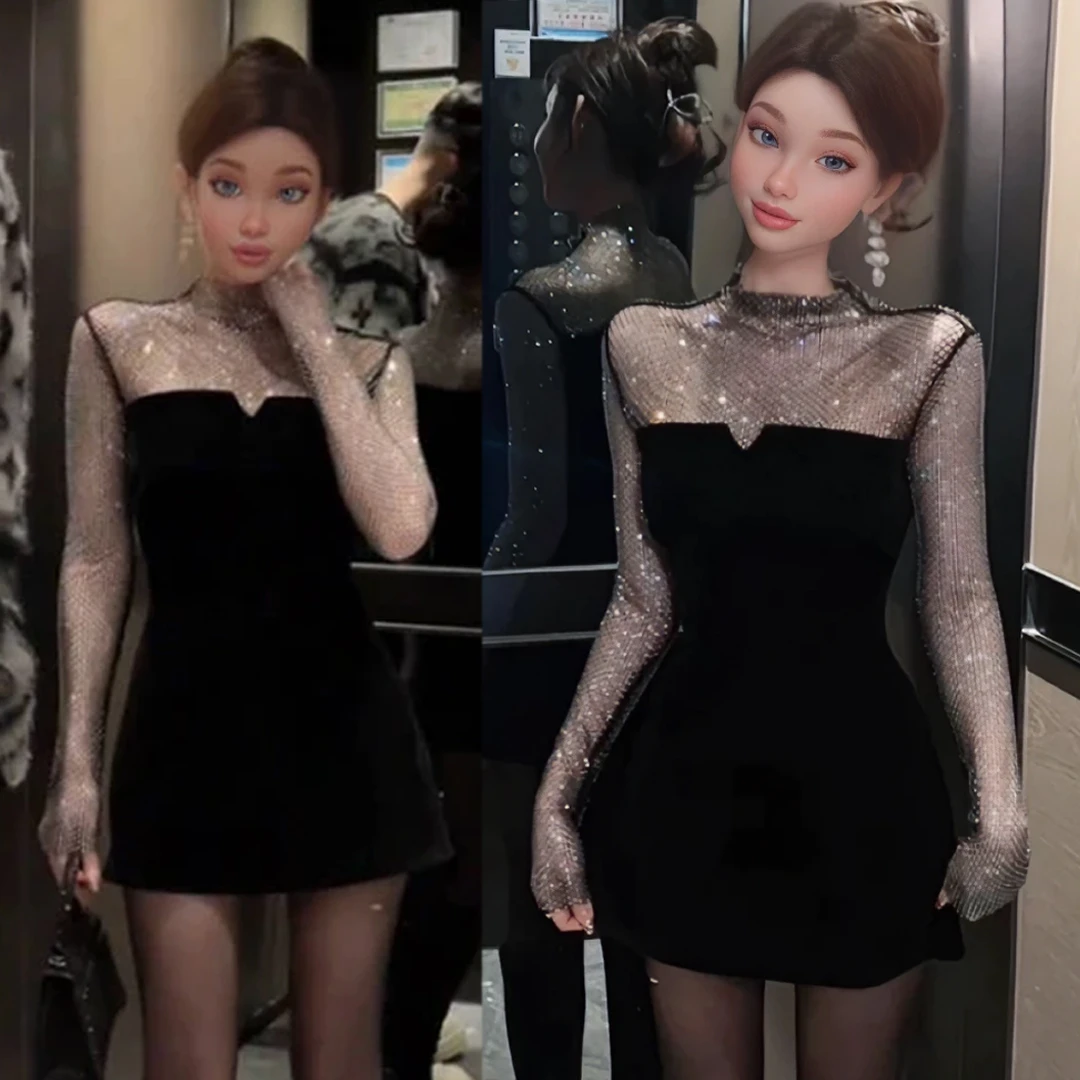 秋冬时尚气质耀眼满钻女装闪闪连衣裙黑色性感显瘦丝绒打底短裙女