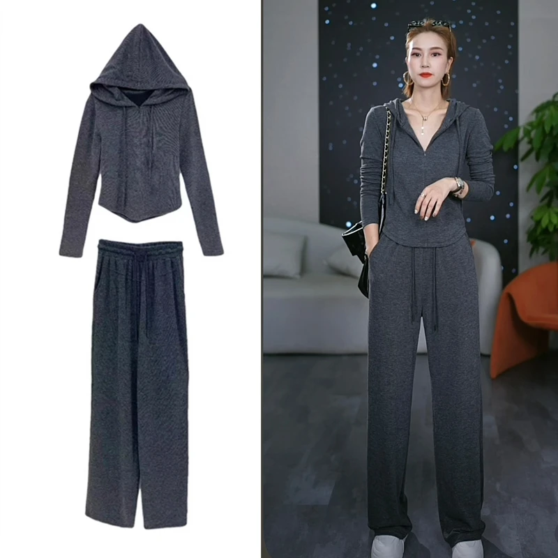 早春秋季纯欲风显瘦连帽半拉链卫衣阔腿裤套装时尚休闲运动两件套