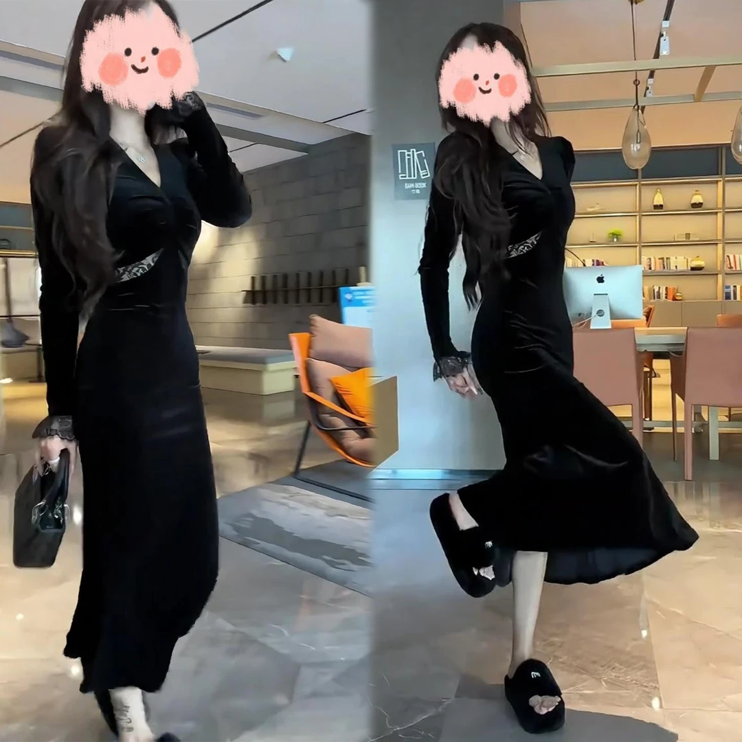 法式气质步步生莲裙蕾丝拼接丝绒连衣裙秋冬高级感收腰显瘦鱼尾裙