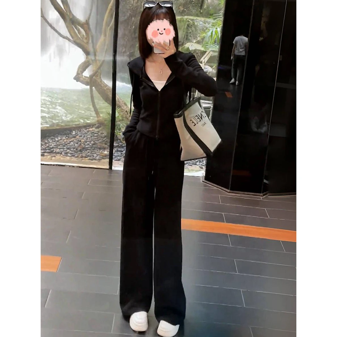 2025春秋新款连帽开衫休闲运动套装洋气减龄显瘦高腰阔腿裤两件套