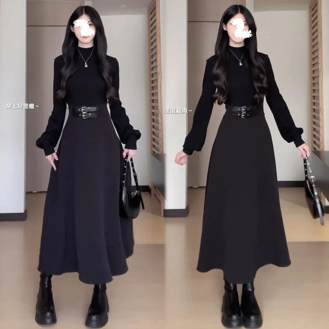 法式复古赫本风高领小黑裙打底显瘦收腰长裙时尚黑色连衣裙女秋冬