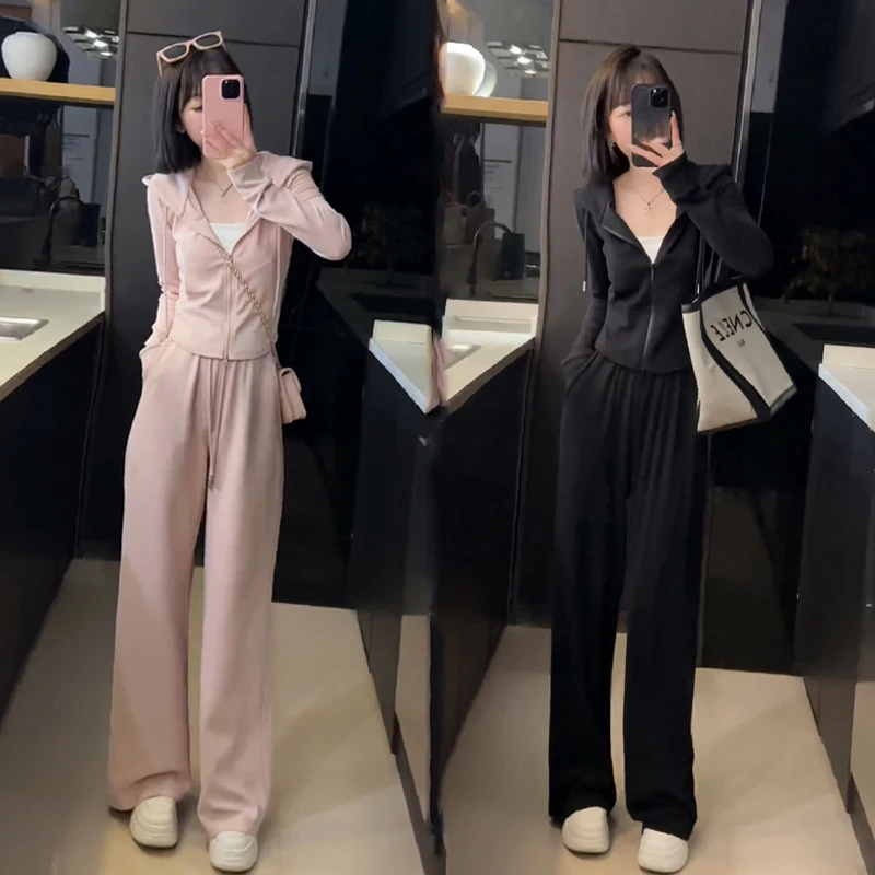韩系高级感减龄休闲连帽运动卫衣开衫套装气质显瘦时尚百搭阔腿裤