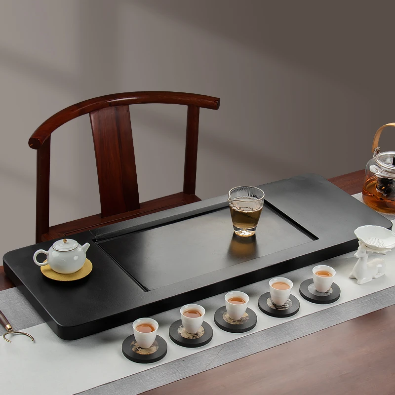 乌金石头茶盘新中式家用简约大号托盘茶道长方形干泡排水式茶托盘