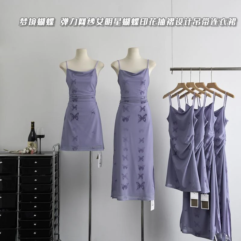 D050梦境蝴蝶弹力网纱女明星蝴蝶印花抽褶吊带连衣裙女背心长裙子