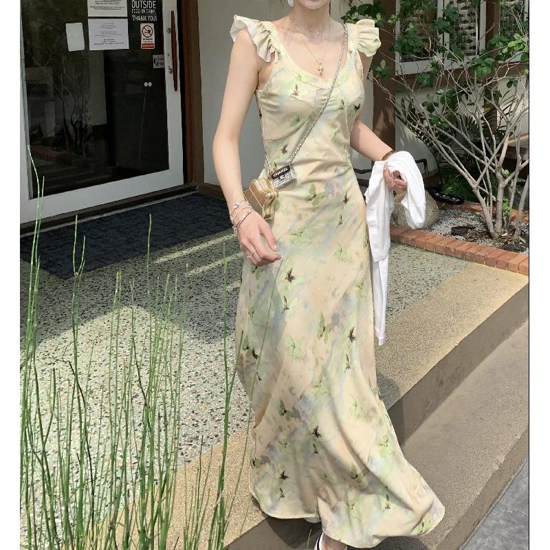 D075 蝴蝶梦境长裙女法式修身气质高腰小飞袖绿色连衣裙温柔风