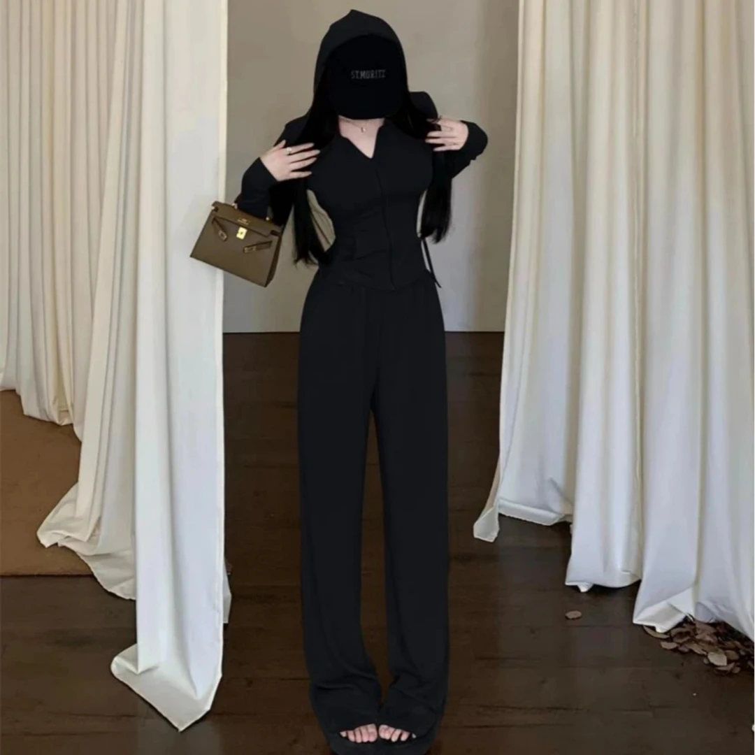 D128【软糯舒服】2024秋季新款时尚网红休闲阔腿裤两件套洋气