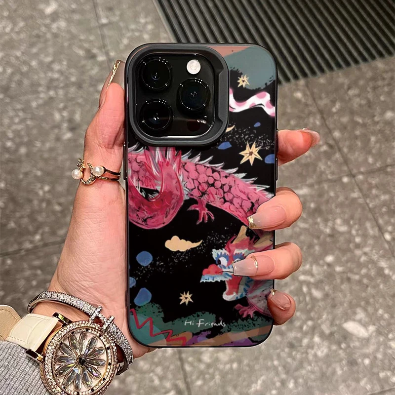 黑夜粉龙iPhone15/14手机壳13龙年软胶中国风潮苹果13/12/11软壳
