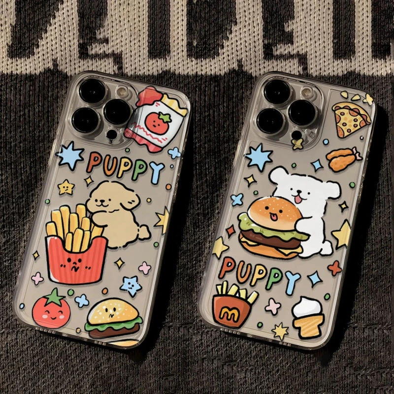 创意汉堡薯条小狗iPhone14Pro手机壳xsmax透明12/13卡通7p15Pro软