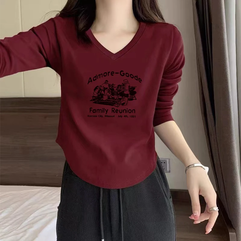 气质v领修身收腰纯棉长袖T恤女士春秋季小众不规则弧形下摆上衣