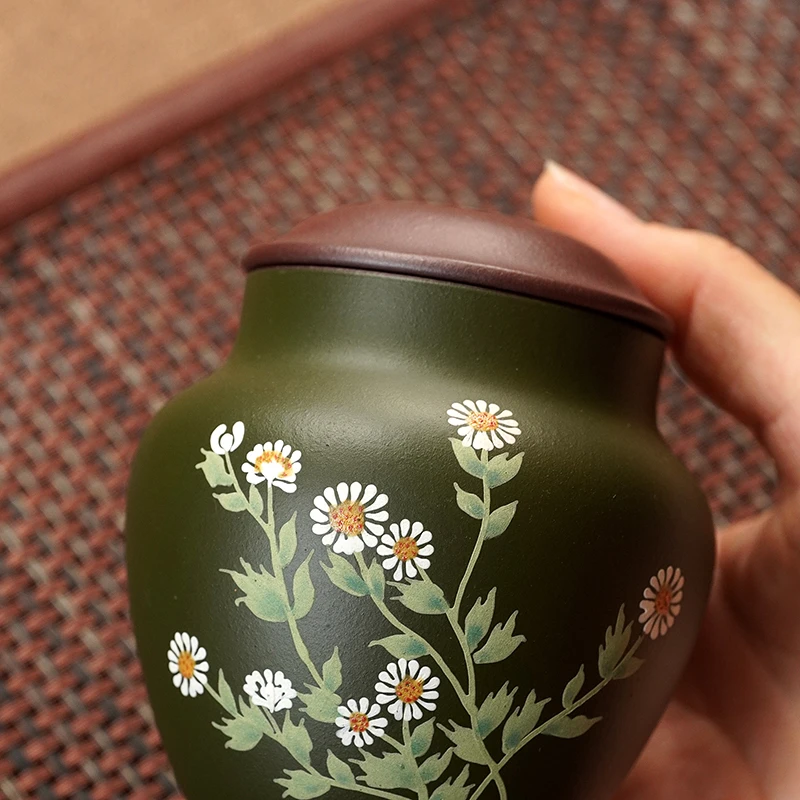 宜兴紫砂原矿泥高端精品绘茶叶罐普洱存储茶罐密封手工醒茶罐小号