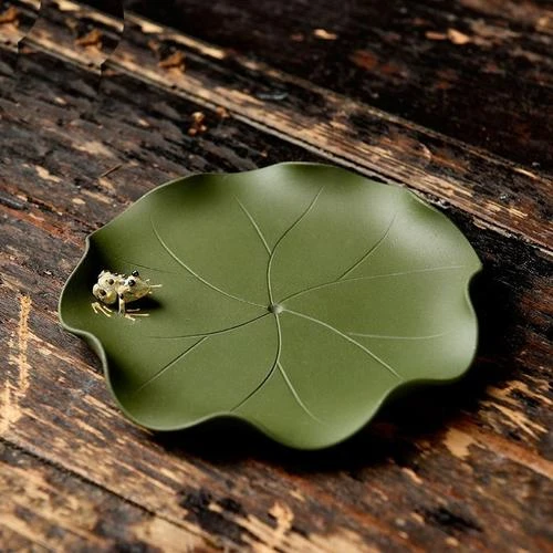 宜兴紫砂荷叶杯垫茶杯垫手工制作薄胎精品创意茶道摆件紫砂绿泥