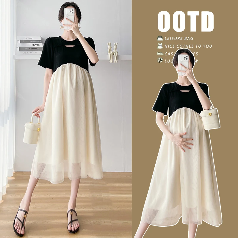 孕妇装夏季连衣裙2025时尚显瘦网纱拼接假两件宽松中长款仙女裙子