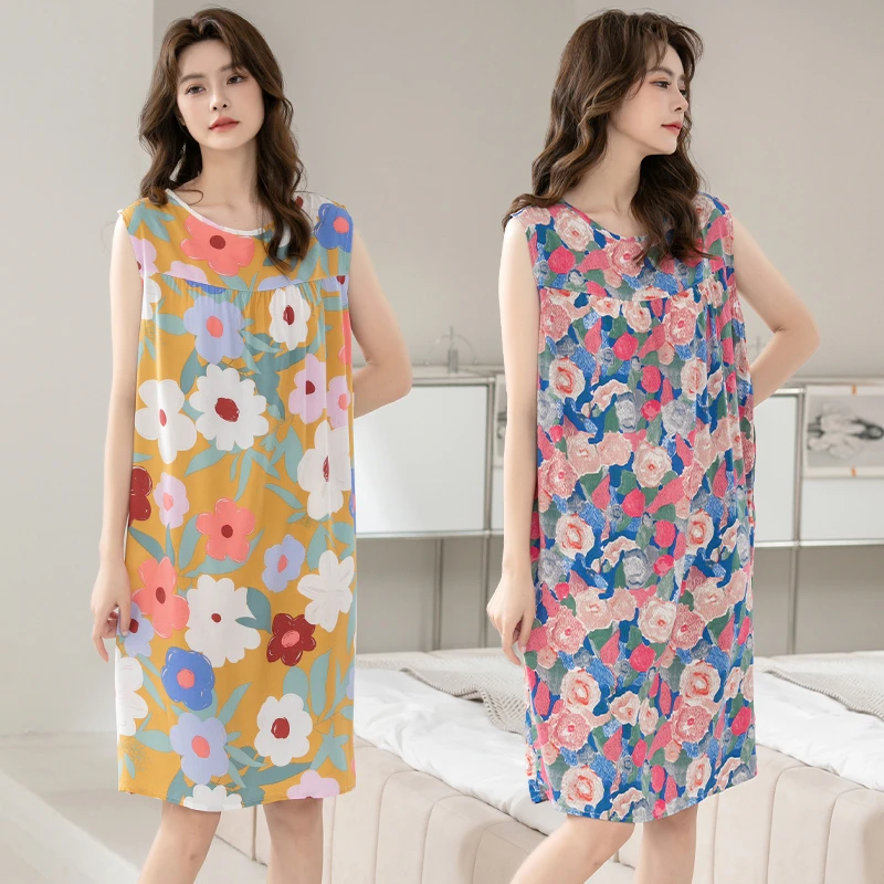 大码睡裙女士夏季薄款宽松印花无袖妈妈装夏天加大码透气碎花休闲