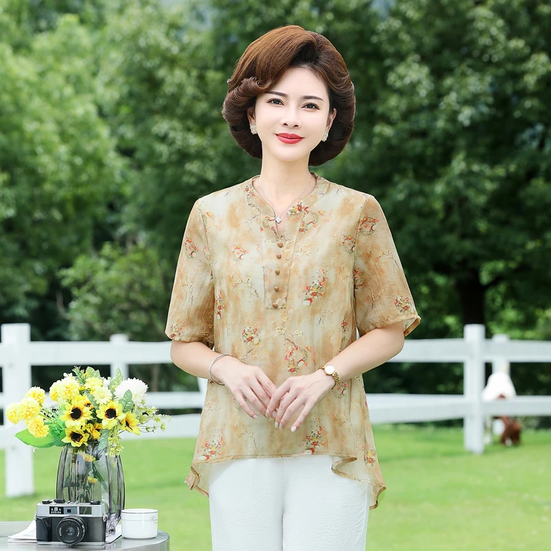 妈妈装夏季新款女士t恤短袖中年妈妈装遮肉显瘦上衣洋气小衫大码