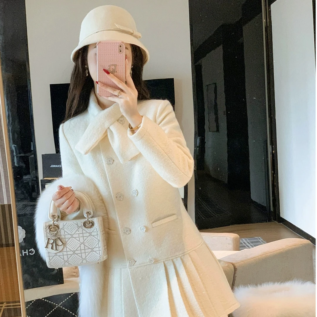 鱼兔子的兔子高级感加绒内胆毛呢外套女冬季新款中长款裙装大衣