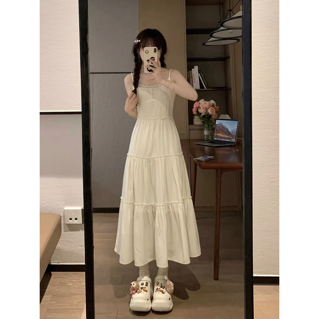 【idea白月光】6161微胖mm夏季拼接纯欲小白裙吊带连衣裙显瘦甜美